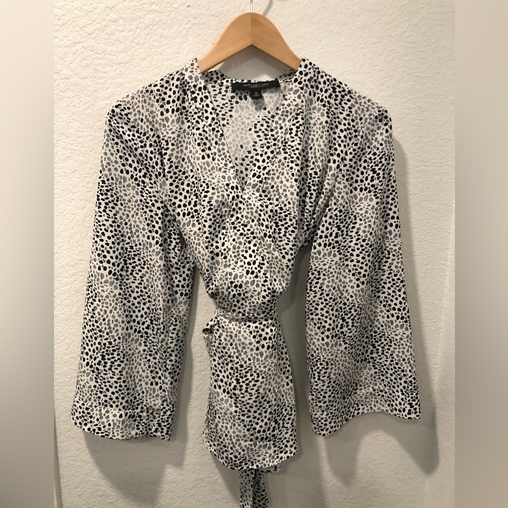 2 for $22 - Wrap-Style Blouse White with Black & Gray Spot Print